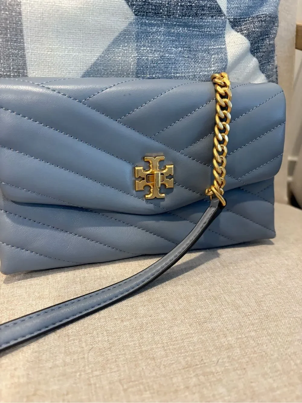 Tory Burch blue Chevron Quilted Leather Kira Wallet On Chain